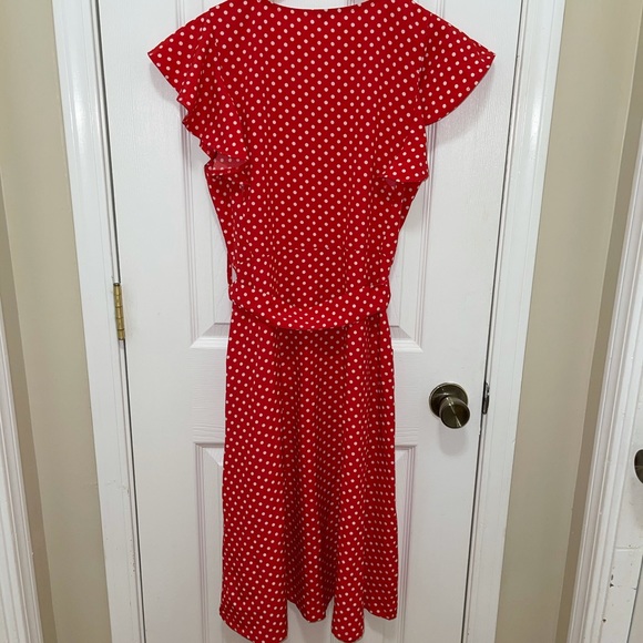 Ruffle Sleeve Red Polka-Dot Button Dress w/Pockets - Picture 2 of 6